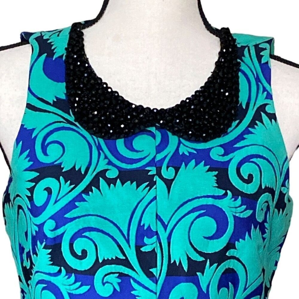 Stunning‎ Sleeveless Beaded Collar Dress Bold Blue Teal Print A-Line Women 4 - Picture 8 of 15